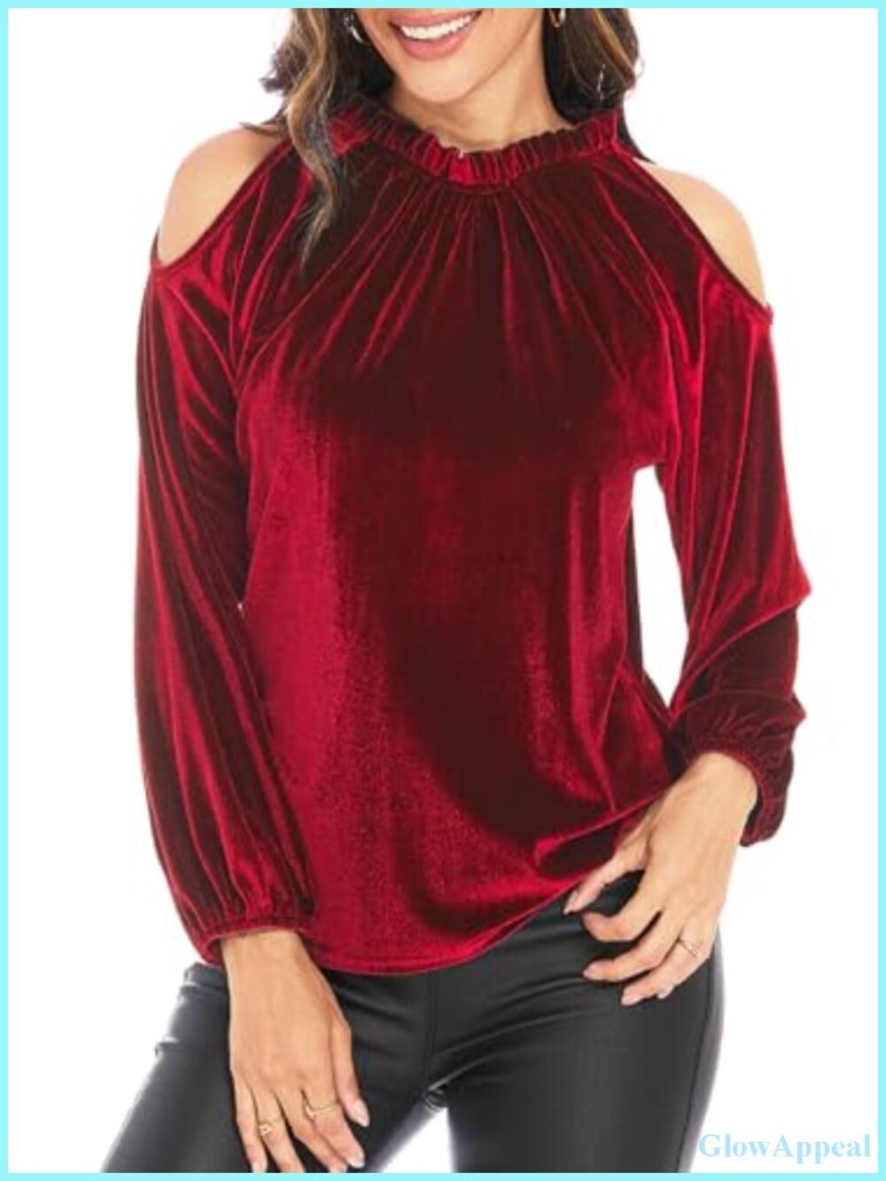 Womens Velvet Cold Shoulder Mock Neck Long Sleeve Frill Trim Blouse